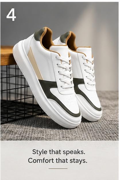 Image of Men White Casual Sneakers | Lightweight Lace-Up Walking Shoes | Comfortable Fashion Sneakers for Men | Stylish Breathable Anti-Slip Casual Footwear for College Office Travel