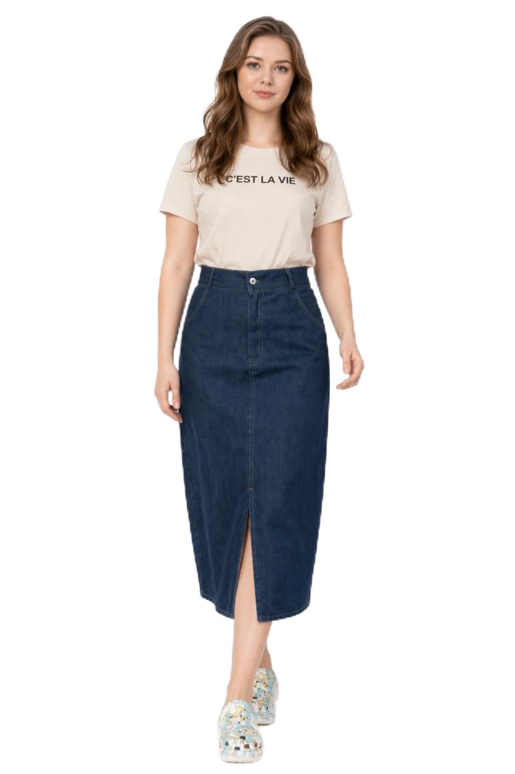 Women’s Navy Blue Denim Maxi Skirt with Front Slit 49400-picture-11