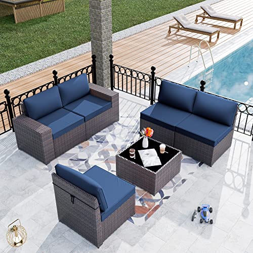 Delnavik Patio Furniture Set Sofa 6-Piece Wicker Sectional Sofa Set, Outdoor Furniture Rattan Patio Conversation Set With Thickened Cushions And Glass Coffee Table, Navy Blue #TOP6