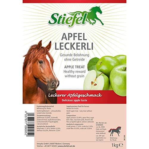 Stiefel Apfelleckerli für Pferde, getreidefreies, gesundes Leckerli mit Apfelgeschmack zur schmackhaften Belohnung, ideales Leckerli für Freizeit-, Sport-, Leistungs- & Zuchtpferden, 1kg