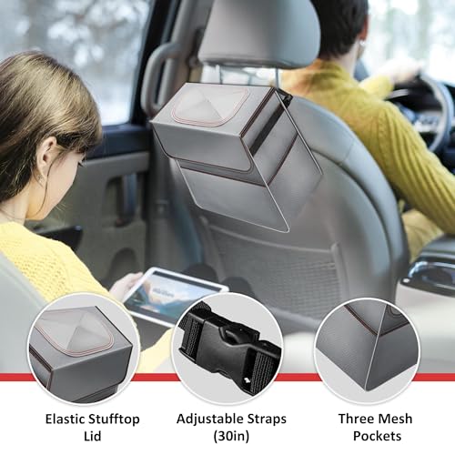 Image of Simple Deluxe 2 Gallon Car Trash Can, Collapsible Adjustable Straps and Portable Organizer, Multipurpose Bin with Lid and Storage Pockets, Grey