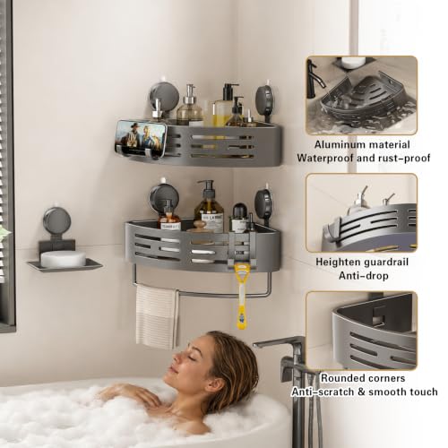 Image of VOLPONE Corner Shower Caddy Suction Cup Shower Shelf Corner No Drilling Bathroom Shower Organizer Storage Rack Adhesive with Towel Bar Hooks &soap holder (2-Pack,Gray)