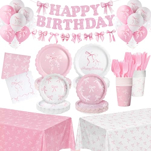 165 Pcs Pink Bow Birthday Decorations (Serves 24) Plates And Napkins Cups Knifes Forks Banner Tablecloth Balloons Bow Theme Tableware for Girls Bachelorette Party Decor