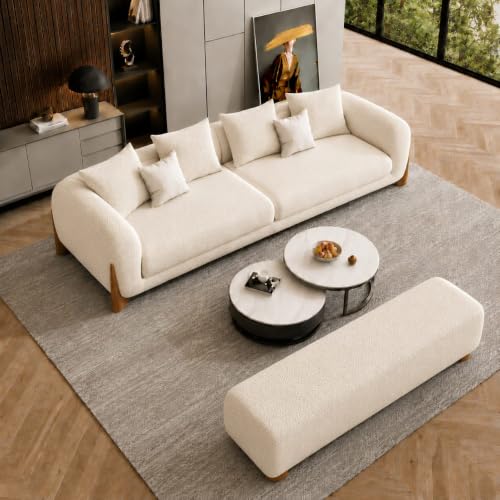 Image of Modern Boucle Sofa for Living Room Bedroom Reception and Office Wooden Polished Leg Sofa for Living Room (Off White, 3 Seater + Bench)