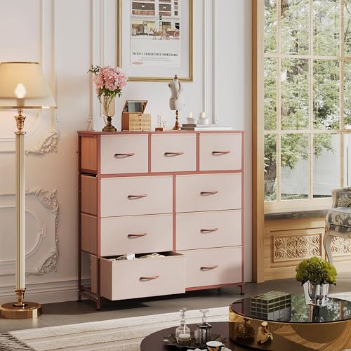 Image of WLIVE 9-Drawer Dresser, Fabric Storage Tower for Bedroom, Hallway, Entryway, Closet, Tall Chest Organizer Unit with Fabric Bins, Steel Frame, Wood Top, Easy Pull Handle, Pink