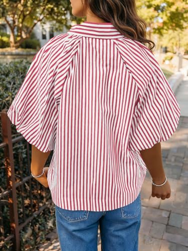 Image of Tankaneo Womens Short Puff Sleeve Button Down Shirts Striped Trendy Casual Loose Fit Blouse V Neck Collared Tops