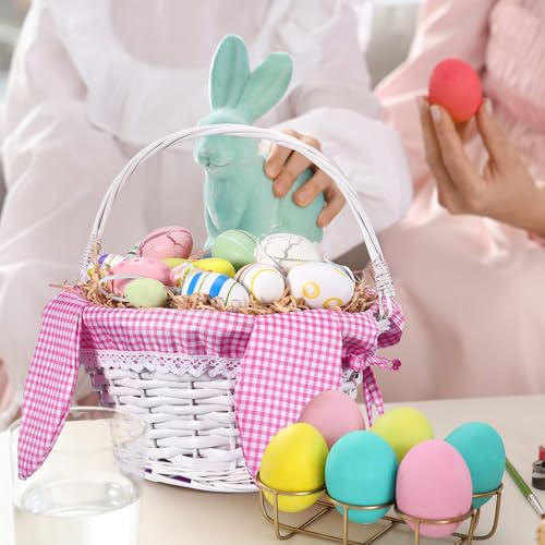 Image of Hushee Easter Willow Gift Basket 11 inchx7 inch Easter Wicker Bunny Baskets with Folding Handle Plaid Liners for Kids Toys Eggs Hunt Wood Bunny Bucket Decorations(Pink and White Plaid)