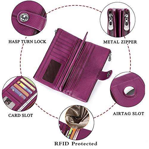 Image of Contacts Turnlock Wallet for Women Leather Airtag Purse Zipper Phone Holder Rfid Bifold Clutch, Purple, Vintage