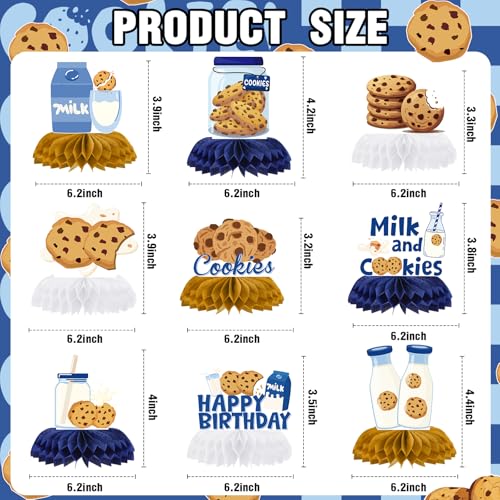 Image of Milk Cookies Birthday Decorations - 9 Pcs Milk and Cookie 1st Birthday Honeycomb Centerpieces, Bule Brown One Sweet Table Toppers Centerpieces, Photo Booth Props for Boys 2nd 3rd Party Decor
