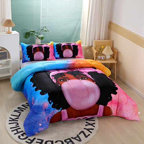 African American Black Girl Comforter Set For Kids And Adults, Twin Size Black Girl Bubble Gum Bedding Comforter With 2 Cute Afro Hair Girl Pillowcases - 68" X 86 #TOP1