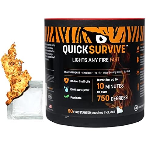QuickLight by QUICKSURVIVE All-Purpose 100% Waterproof Fire Starters - Fire Starters for Campfires, Wood, Fire Pit, Fireplace, Charcoal, & More - All-Weather & Non-Combustible - 50 Piece Canister Cover