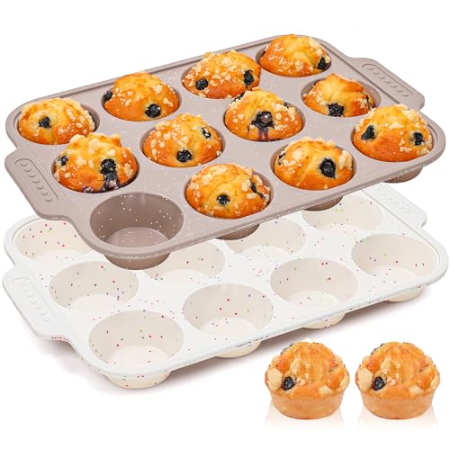 Image of 2 Pcs Silicone Muffin Pans for Baking with Metal Reinforced Frame, Nonstick Cupcake Tray for Oven, 12 Cups Regular Size Silicone Molds for Egg Bites, Dishwasher Safe (Brown, Cream)