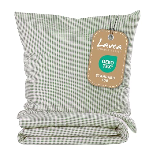 Lavea Seersucker Bettwäsche karo, Landhaus Grün, 100% Baumwolle, Bügelfrei, 135 x 200cm + 80 x 80cm, mit YKK-Qualitätsreißverschluss, kariert
