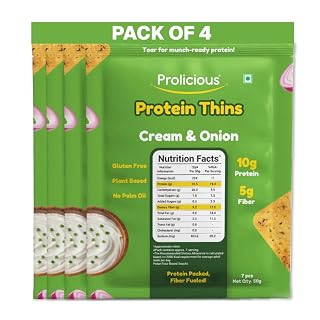 Prolicious Healthy Protein Thin Chips| 10g Protein & 5g Fibre Per Pack |Vegan Snack|Gluten Free |No Maida |No Palm Oil| 50g (Pack of 4) |Cream & Onion