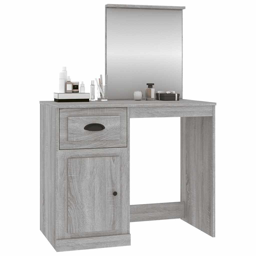 Schminktisch mit Spiegel Grau Sonoma 90x50x132,5 cm Holzwerkstoff Frisiertisch mit Schublade und Hocker Makeup Organizer, LED Beleuchtung