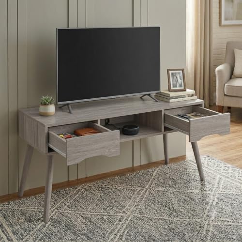 Image of Elara TV Unit Engineered Wood Cabinet with Solid Wood Legs | Scandinavian Modern Design with Spacious Storage | Dual Drawer Entertainment Console - Columbia Oak