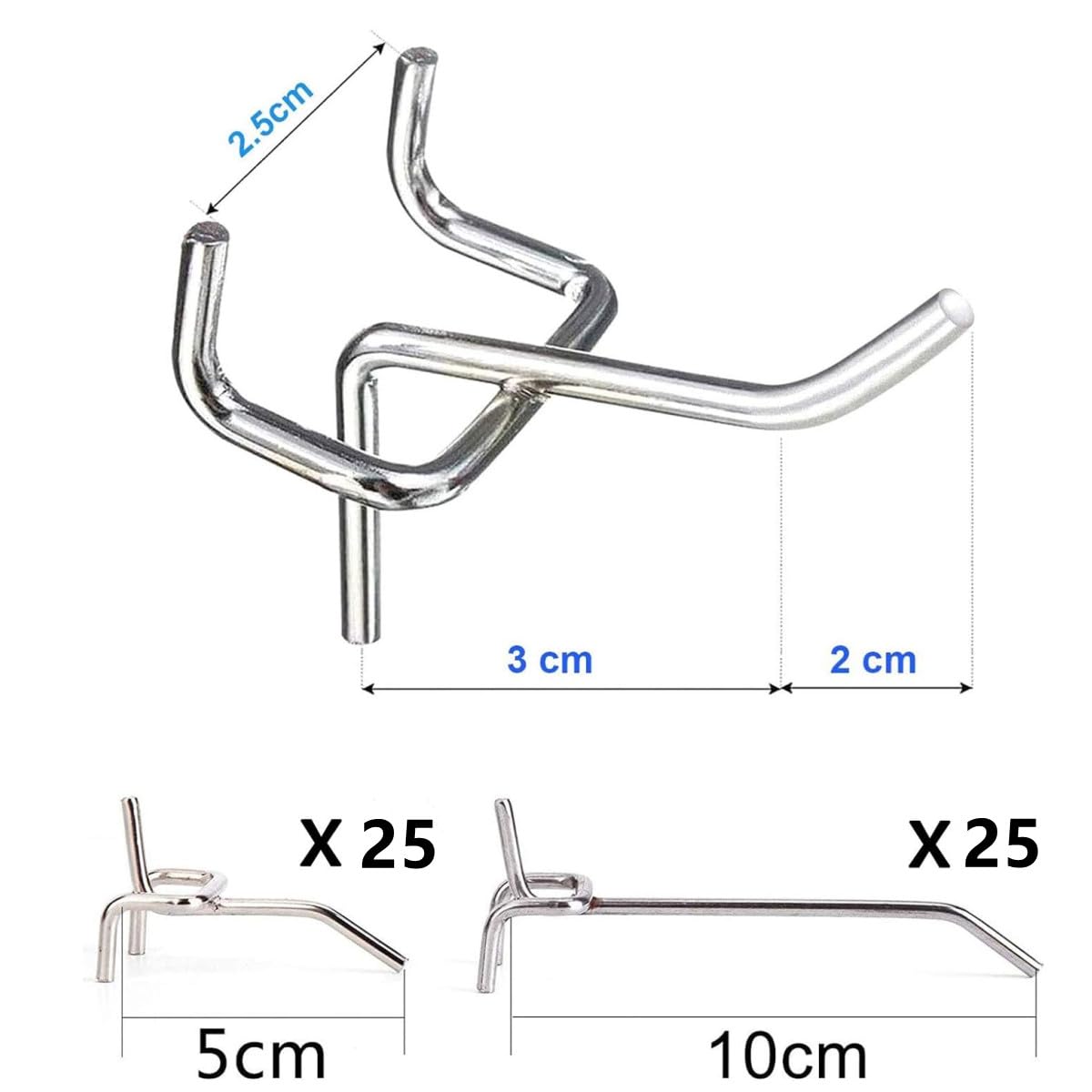 Ganci per Pannelli Forati, 50 Pezzi Ganci Pannello Forato 5cm 10cm in Metallo Lunghezza 10 cm e 5 cm Ganci per Pegboard per Negozi di Supermercati