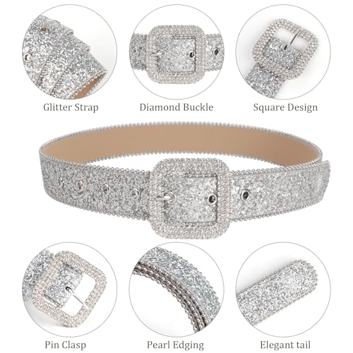 Women Rhinestone Western Belt with Silver Diamond Buckle Sparkly Bling Belts Cowgirl Style Belt for Jeans Dress3