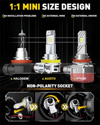 Image of AUXITO H11 /H8 /H9 LED HeadIight Bulbs, 1:1 Halogen Size, 6500K Ultra Bright, 1000% Brightness, Plug and Play, 60,000 Hours Lifespan, Pack of 2