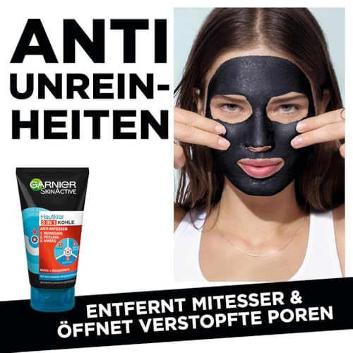 Garnier Peel-Off Maske gegen Mitesser, Schwarze Gesichtsmaske für strahlende Haut, Mit Salicylsäure und Kohle, Hautklar Kohle, 1 x Tube
