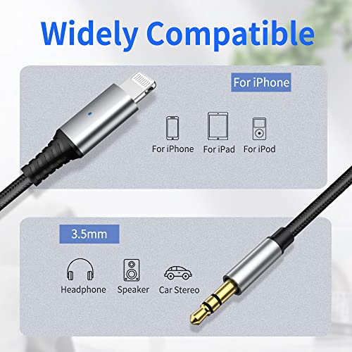 Image of Aux Cord for iPhone, iSkey 3.5mm Aux Cable for Car Compatible with iPhone 13 12 11 XS XR X 8 7 6 iPad iPod for Car Home Stereo, Speaker, Headphone, Support All iOS Version - 3.3ft (Silver)