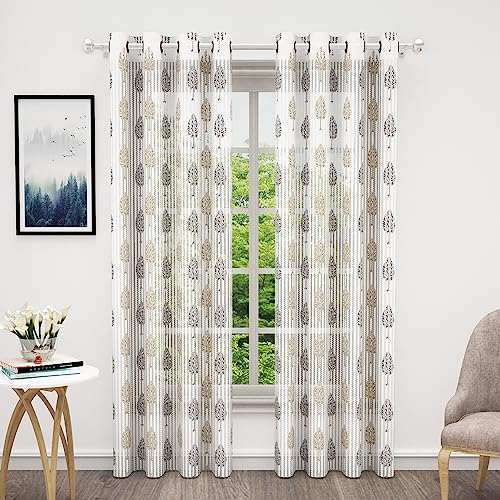 Image of MollisHomes Curtains 7 feet Long Set of 10 | White & Brown Transparent Sheer Curtain | Room Decoration Items for Bedroom | 215 x 118 cm | Motif Design Door Curtain | | Perfect for Home Decor