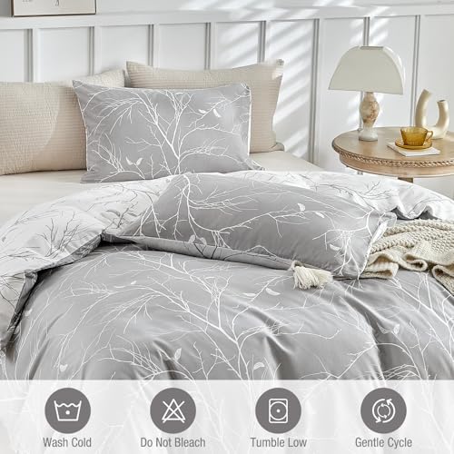Miniatura 5 de Tokokimo Funda Nordica Cama 135 150 - Microfibra Juego De Funda Edredon 240x220 Cm Con Cremallera - Y 2 Fundas De Almohada 50x75 Cm - Diseño Estilo Rama Y Hoja, Gris Blanco