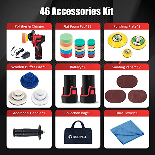 Toolspace 46Pcs 12V Cordless Car Polisher Tool Sets 7800Rpm Cordless Drill Variable Speed Polisher And Buffer With 2 X 2.0Ah Li-Ion Batteries, Perfect For Polishing Car/Home Appliance/Ceramic #TOP1