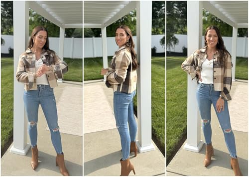 HOTOUCH Womens Flannels Fall Cropped Shacket Plaid Jacket Long Sleeve Button Down Coat 2025 Fall Fashion Trendy Outfits3