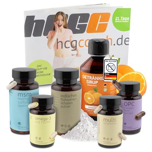 hCGC Stoffwechselkur 21 Tage Basispaket - Omega 3, OPC, MSM, Vitamin Komplex Kapseln, Flohsamen Pulver, zuckerfreier Sirup mit Orange für Energie - Darmkur & Stoffwechselunterstützung