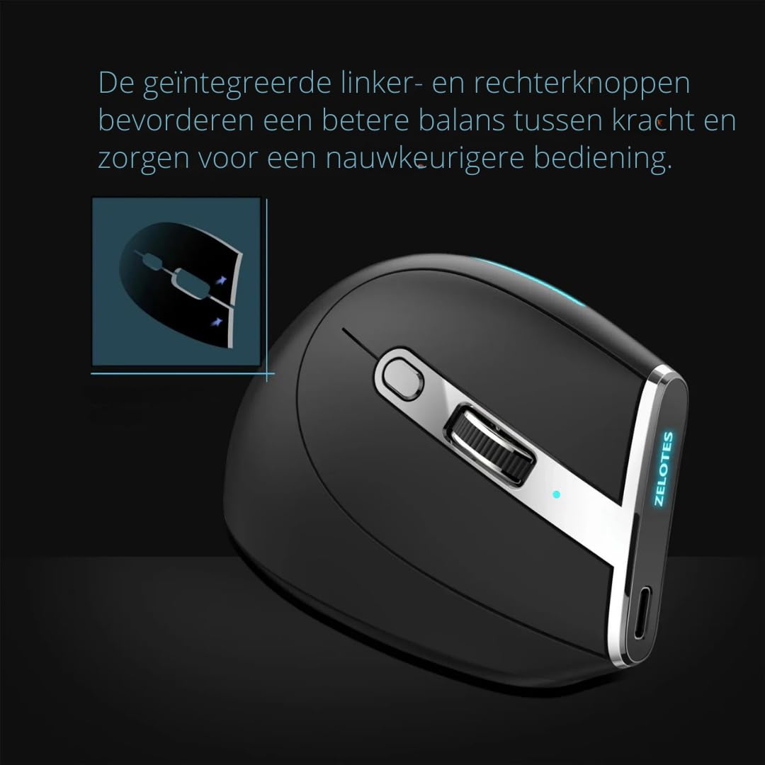 DrPhone Elementkey F36 Verticale Muis 2.4Ghz USB + Bluetooth 5.0/3.0 – Ergonomisch – 8 Knoppen – 4800DPI – Programmeerbaar – RGB