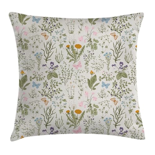 Ambesonne Floral Throw Pillow Cushion Cover, Vintage Garden Plants Herbs Flowers Botanical Classic Design Art, Decorative Square Accent Pillow Case, 26