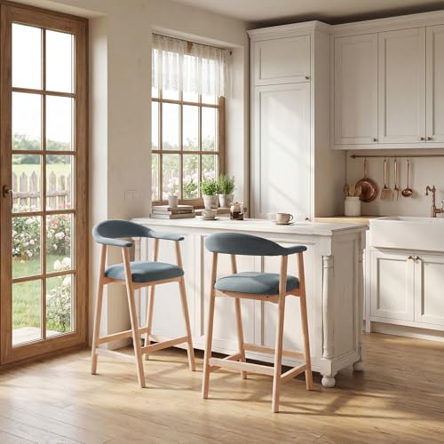 Image of 26 inch Bar Stools Set of 2, Upholstered Counter Stools, Modern Linen Counter Height Bar Chairs with Backs and Arms, Wood Legs and Footrest, for Kitchen Counter, Island, Dining Room, Blue