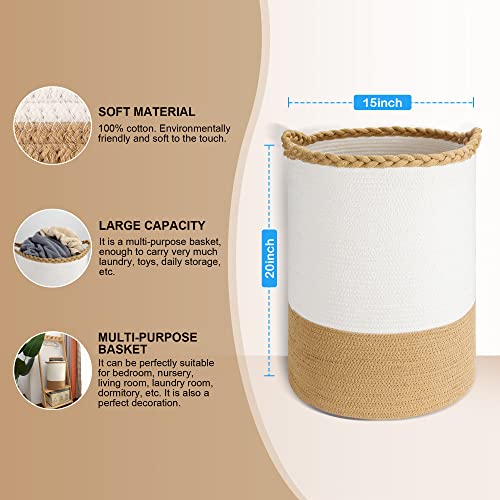 Homlikelan 58L Woven Laundry Basket,Tall Wicker Laundry Basket For Blankets,Clothes,Pillows,Toys,Shoes Large Cotton Laundry Hamper For Bedroom Living Room Bathroom Nursery White Brown #TOP5