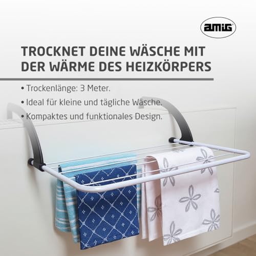 Amig - Wäscheständer für Heizkörper Mod. Aeria ClipMini - Stahl und Polypropylen - Wäschetrockner - Einfache Installation - 3 m Trockenfläche - Maße 51x33x13 cm - Farbe Weiß/Schwarz