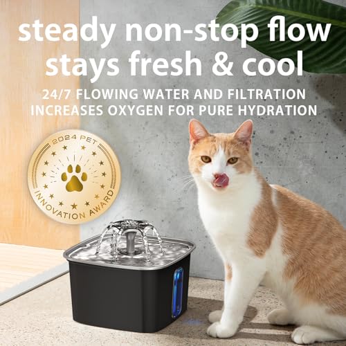 Image of Veken Innovation Award Winner Stainless Steel Cat Water Fountain, 108oz /3.2L Automatic Pet Fountain Dog Water Dispenser with Replacement Filters & Silicone Mat for Cats, Dogs (Space Black)