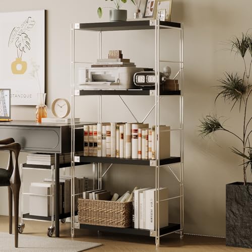 Image of 4-Tier Industrial Bookshelf, Wood and Metal Shelf Unit, Storage Bookcase