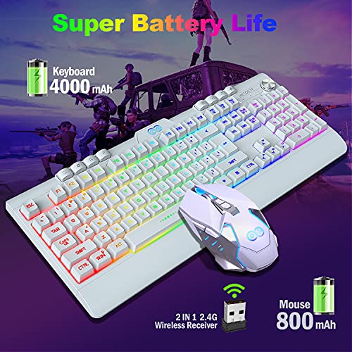 Wireless Gaming Keyboard and Mouse Combo with Rainbow LED Backlit Rechargeable 4000mAh Battery Mechanical Ergonomic Waterproof Dustproof 7 Color Mice for Computer PC Mac Gamer (White)