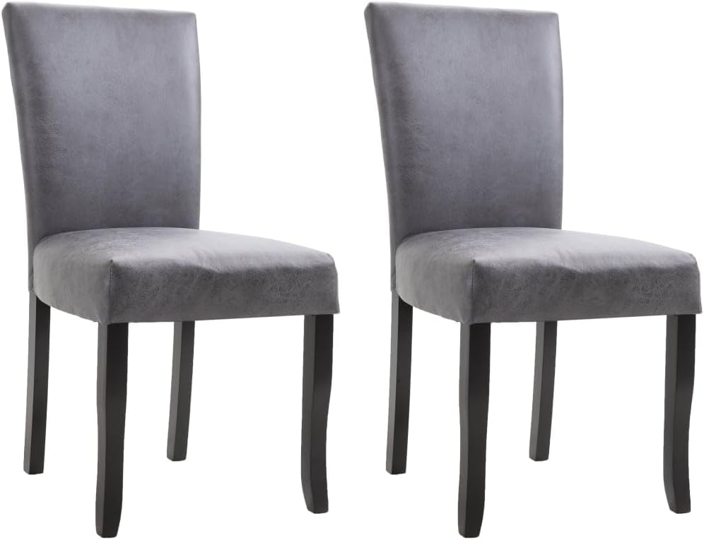 vidaXL Modern Dining Chairs in Gray Faux Suede Leather Upholstery with Solid Wooden Legs, Set of 2, Comfortable and Stylish for Formal and Relaxed Dining.