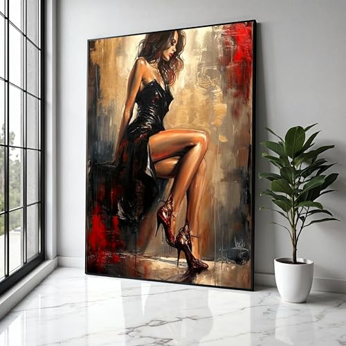 Tableau sur toile femme en robe noire portrait sensuel affiche 50x70
