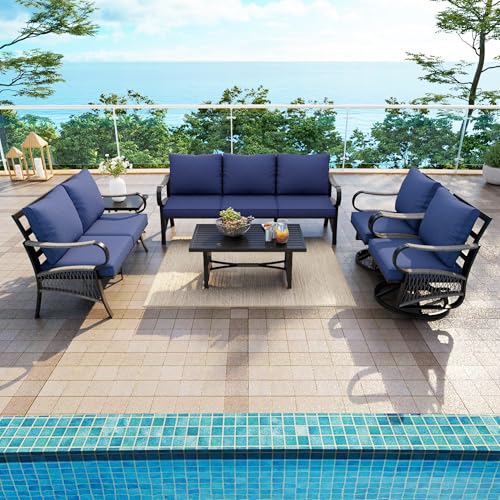 Image of 6 Pieces Patio Conversation Sets, All-Weather Metal Swivel Rocking Chairs with Rope Furniture Set, Outdoor Sofa Couch for Deck, Porch, Garden, Backyard, Poolside (Blue Cushions)