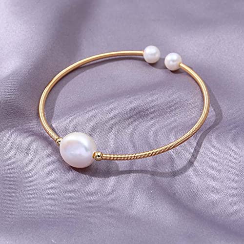 Reyife Pearl Bangle Open Cuff Bangle 14K Gold Plated Twist Bracelet Jewelry Gift For Women Mom Girls #TOP3
