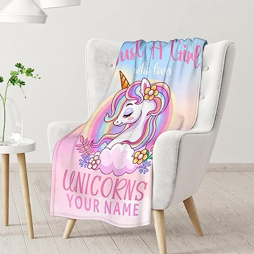 Personalized Unicorn Blanket Gifts with Name - 60x80 Inches Cute Throw for Girls - Pink Soft Fuzzy Blankets for Bed, Couch & Living Room