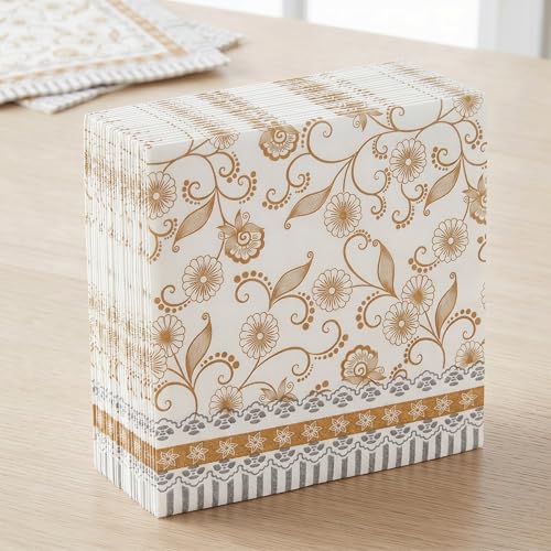 Image of Silk Touch Printed Paper Napkins (50 Pulls Per Pack, 200 Sheets, 33 X 33 cm) | Pack of 4 Printed Tissues | 2 PLY Table Napkins | Party Essential | Floral and Geometric Patterns, Gold and Silver