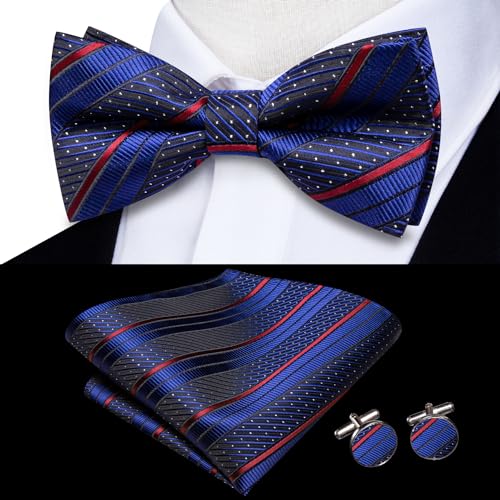 Image of Hi-Tie Navy Blue Red Pre-Tied Bowties for Men Silk Clip On Strip Mens Bowtie Pocket Square Cufflinks Set for Wedding Party