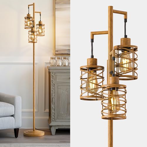 Image of BOBOMOMO 70 inch Farmhouse Dimmable Floor Lamp, Light Wood Grain Industrial Metal Cage Standing Lamp with 3 LED Bulbs, Stepless Dimming Tall Tree Lamp for Living Room, Bedroom, Studio, Corner