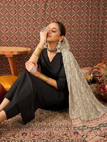 Image of INDO ERA Women's Straight Cotton Blend Solid Solid Kurta & Pant with Dupatta Set (IESTR10631)