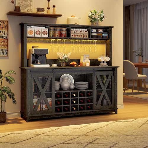Image of 63 inchWide 58 inchH Farmhouse Coffee Bar Cabinet with Power Outlet and LED Light,Wine Bar Cabinet w / 4 Storage Hutch,Kitchen Buffet Cabinet with 15 Wine and Glass Racks for Kitchen Dining Room(Dark Oak)