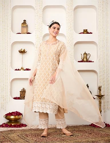 Image of Amazon Brand - Myx Women Embroidered Cotton Kurta Pant Set with Organza Dupatta (Available in Plus Sizes)