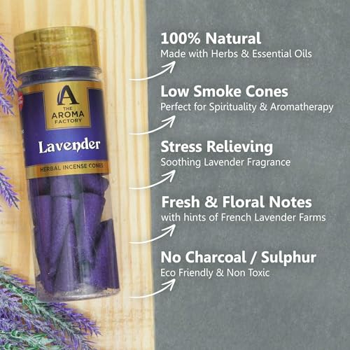 Image of The Aroma Factory Incense Dhoop Cone, Lavender (100% Herbal & 0% Charcoal) 3 Bottles x 30 Cones